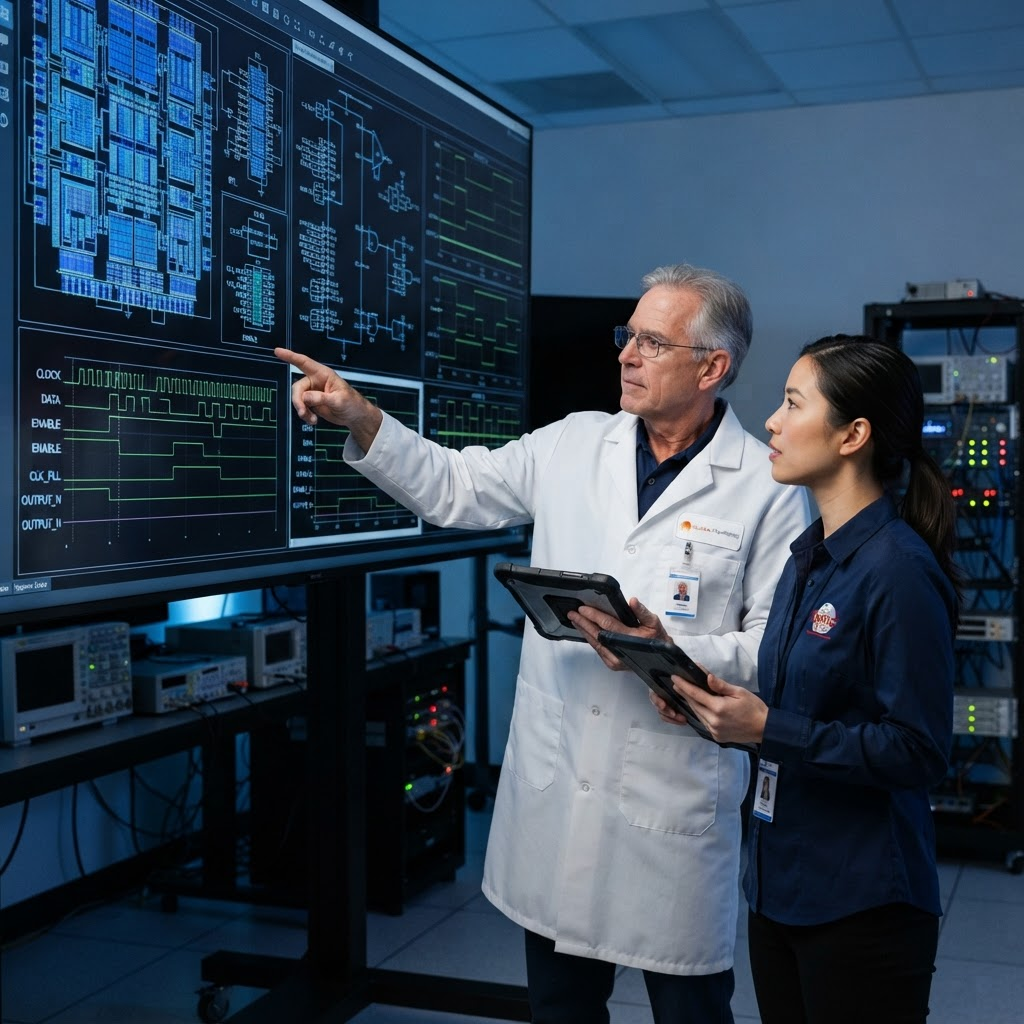 NXTwave engineers reviewing a VLSI chip layout on a large technical display