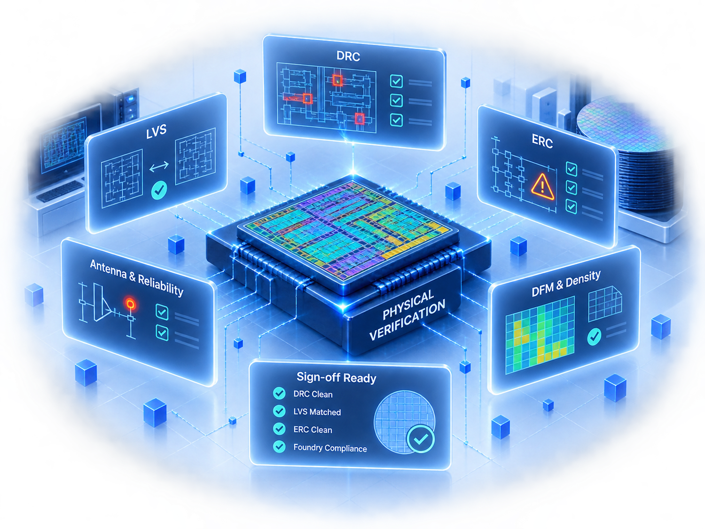 Physical verification checks for layout accuracy and foundry compliance