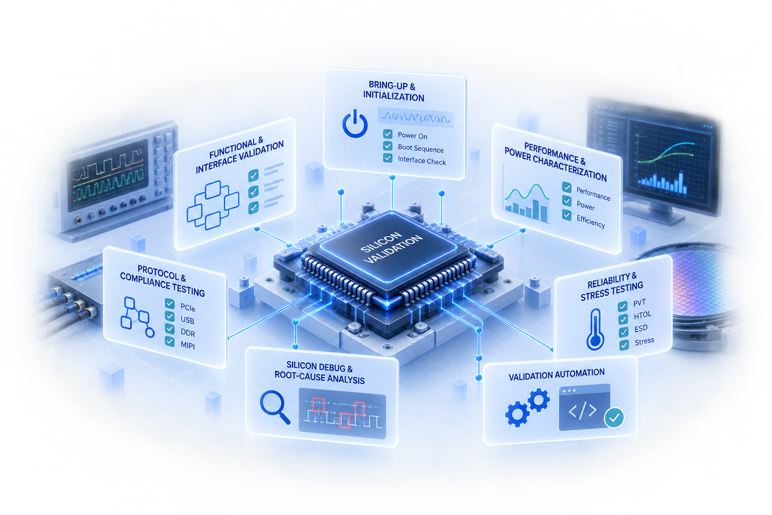 Silicon validation bring-up, characterization, and debug illustration